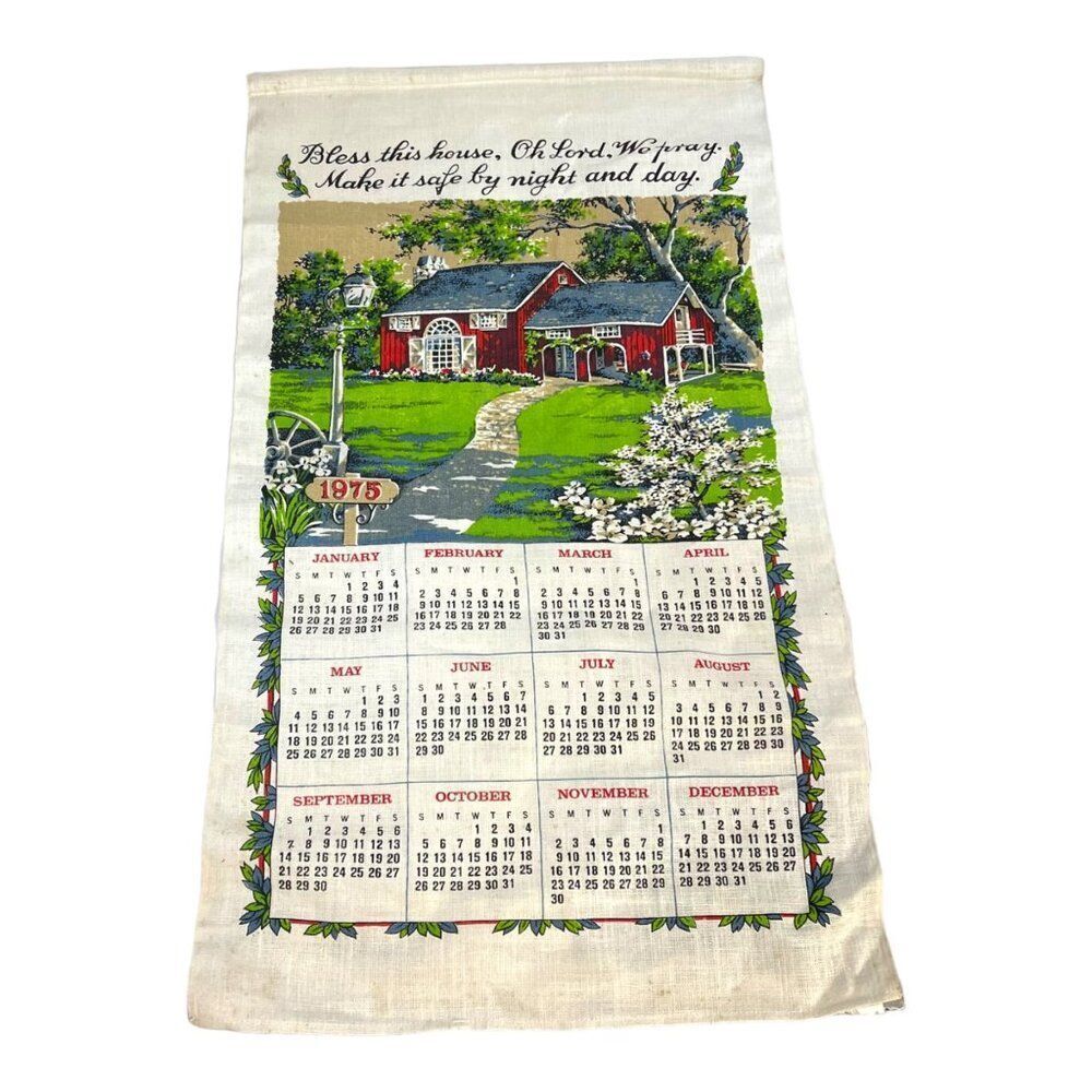 Vintage 1975 Linen Calendar Towel With Red Barn & Bless This House Print Retro